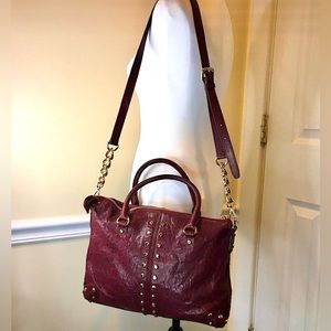 MICHAEL KORS Wine Red Leather Hardware Studded Briefcase Crossbody Shoulder Bag